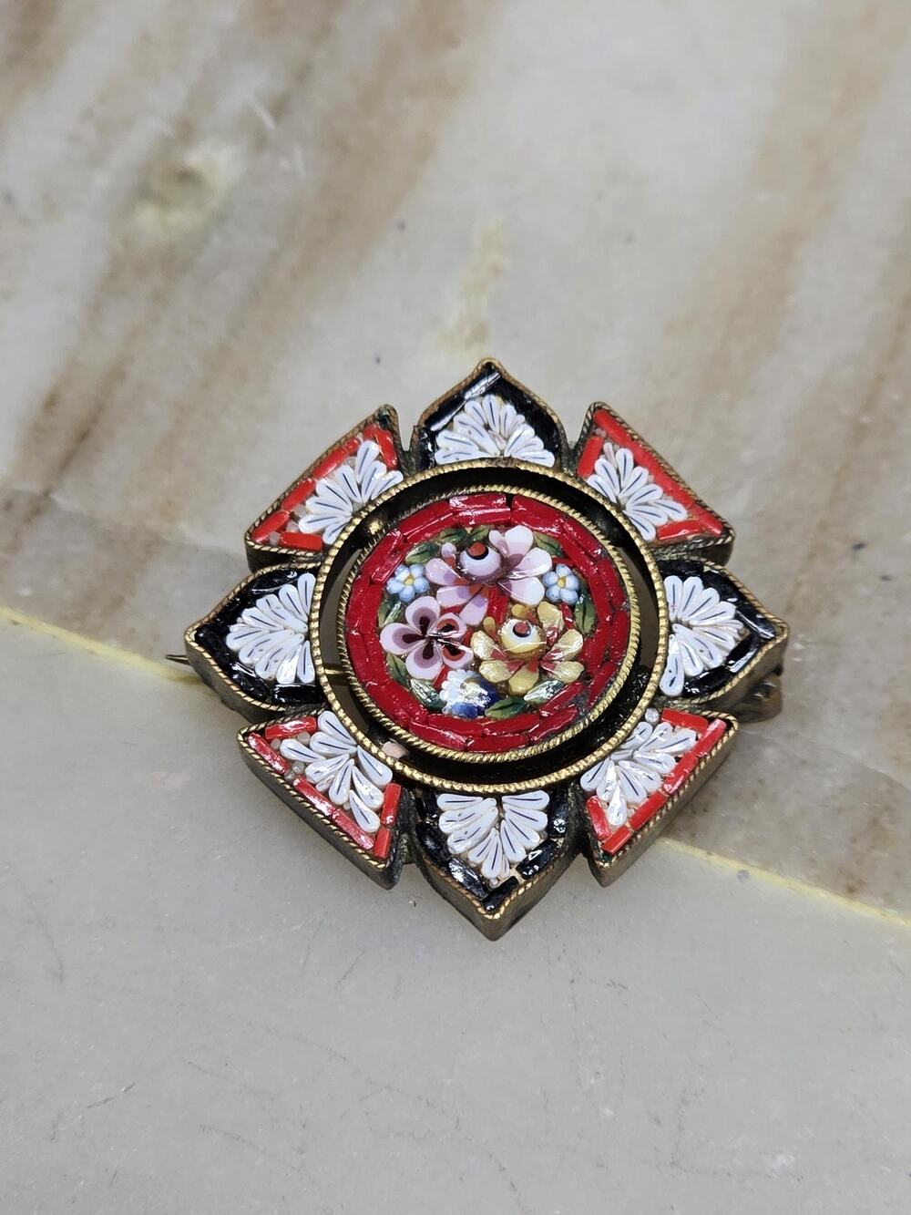 Vintage Italian Micro Mosaic Floral Brooch